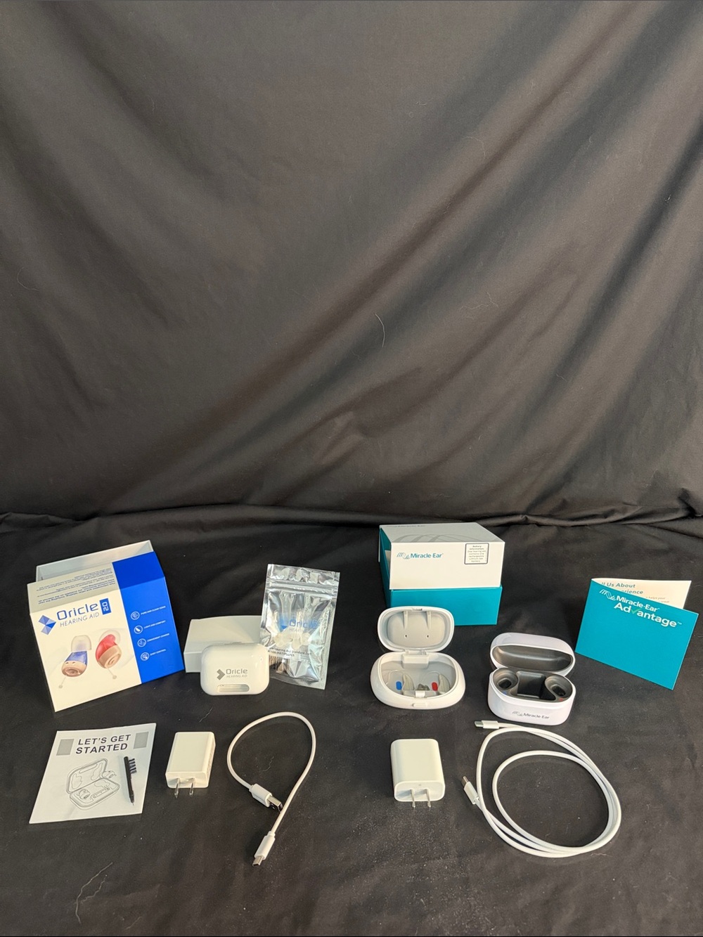 Miracle White Wireless Earbuds & Charging Case Bundle. Also Oricle Hearing Aids.